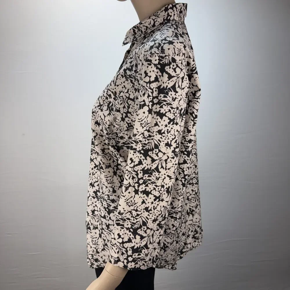 Lafayette 148 Womens Floral Button Up Blouse Top Shirt Size L Cream Black Cotton - Picture 3 of 7